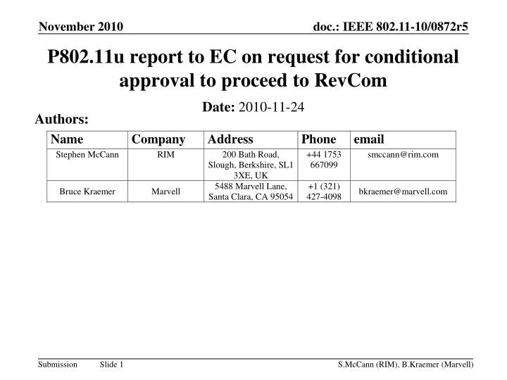 p802 11u report to ec on request for conditional approval to proceed to revcom